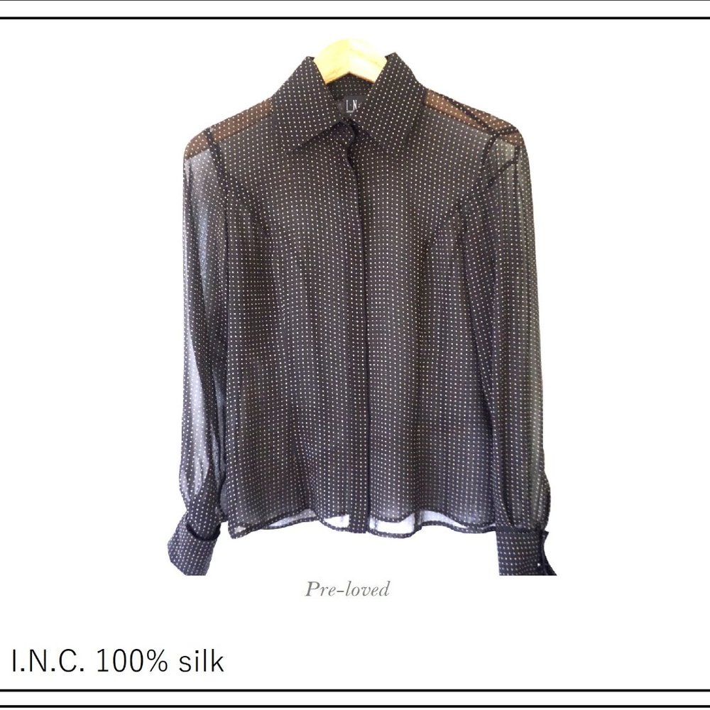 I.N.C. 100% Silk Button Down Polka Dot B&W Blouse